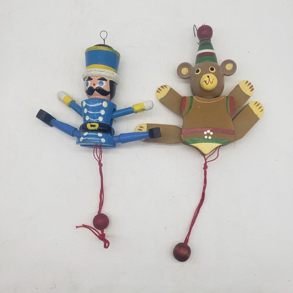 Lot of 2 VTG Wooden Pull String Toy / Christmas Ornament. Taiwan. Soldier & Bear
